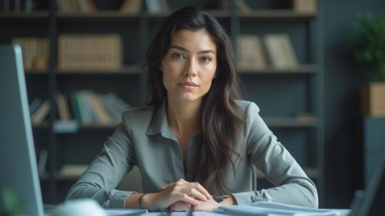 Portrait d'une femme assise à un bureau, regardant l'objectif avec sérieux.