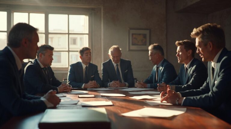 Groupe d'hommes d'affaires en costume discutant autour d'une table de réunion.