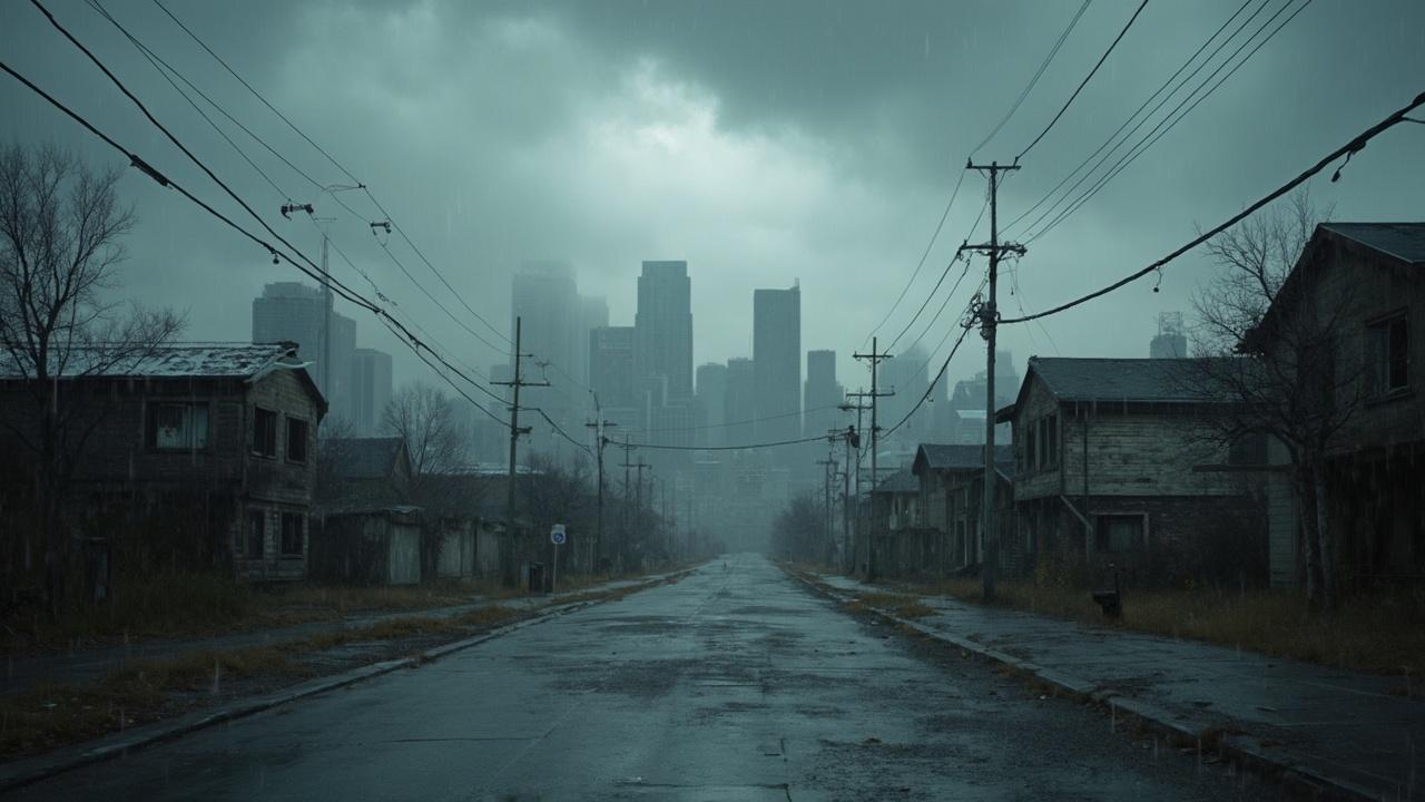 Rue déserte avec immeubles de grande hauteur dans le brouillard.